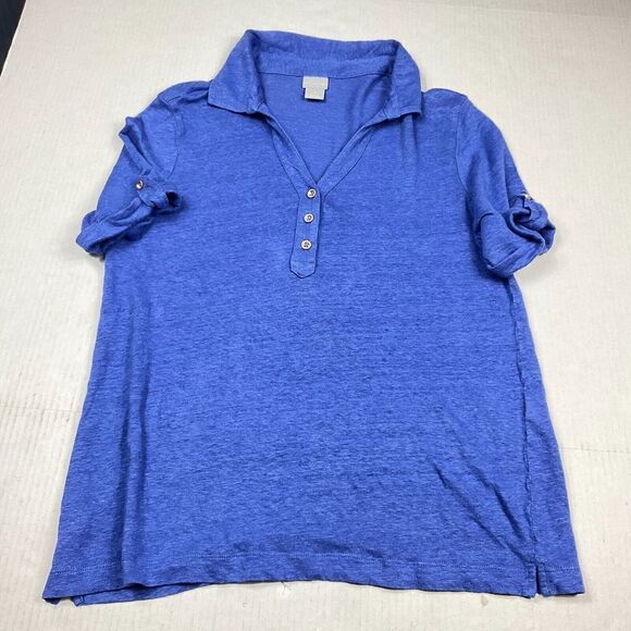 Chicos Linen Henley Collar Shirt Blue Short Sleeve Breathable Casual Top 2 Large - Picture 1 of 12